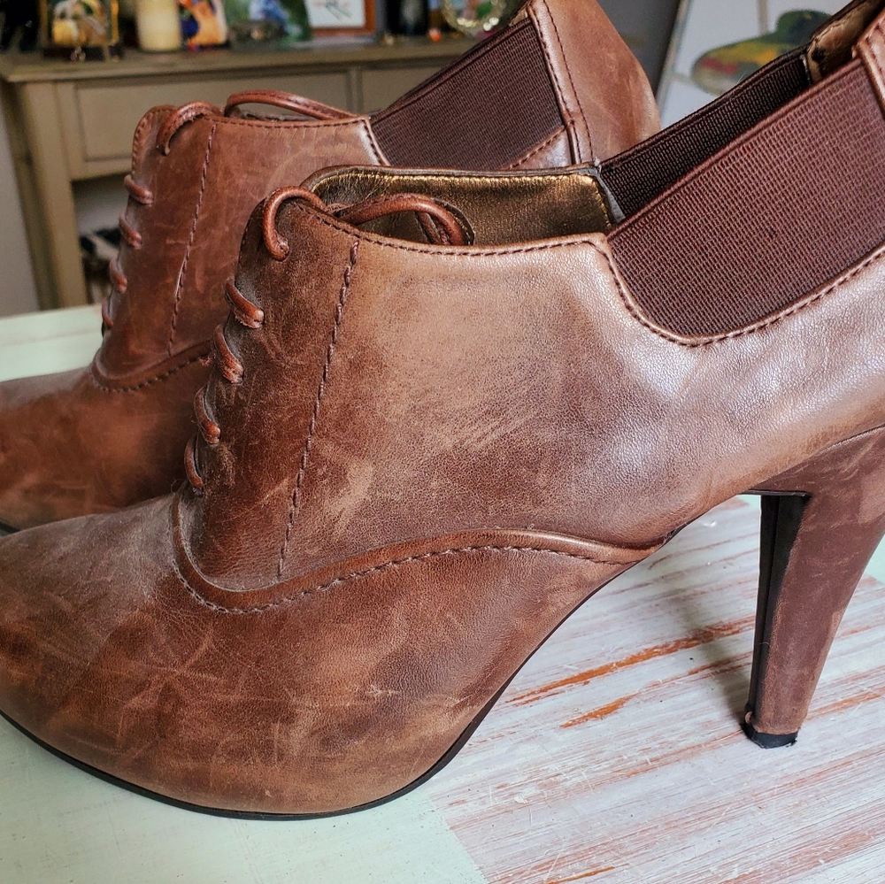 Vintage, brown leather, heeled, ankle booties